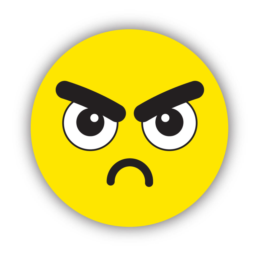 
Graphic of yellow emoji face with furrowed eyebrows and an angry expression.