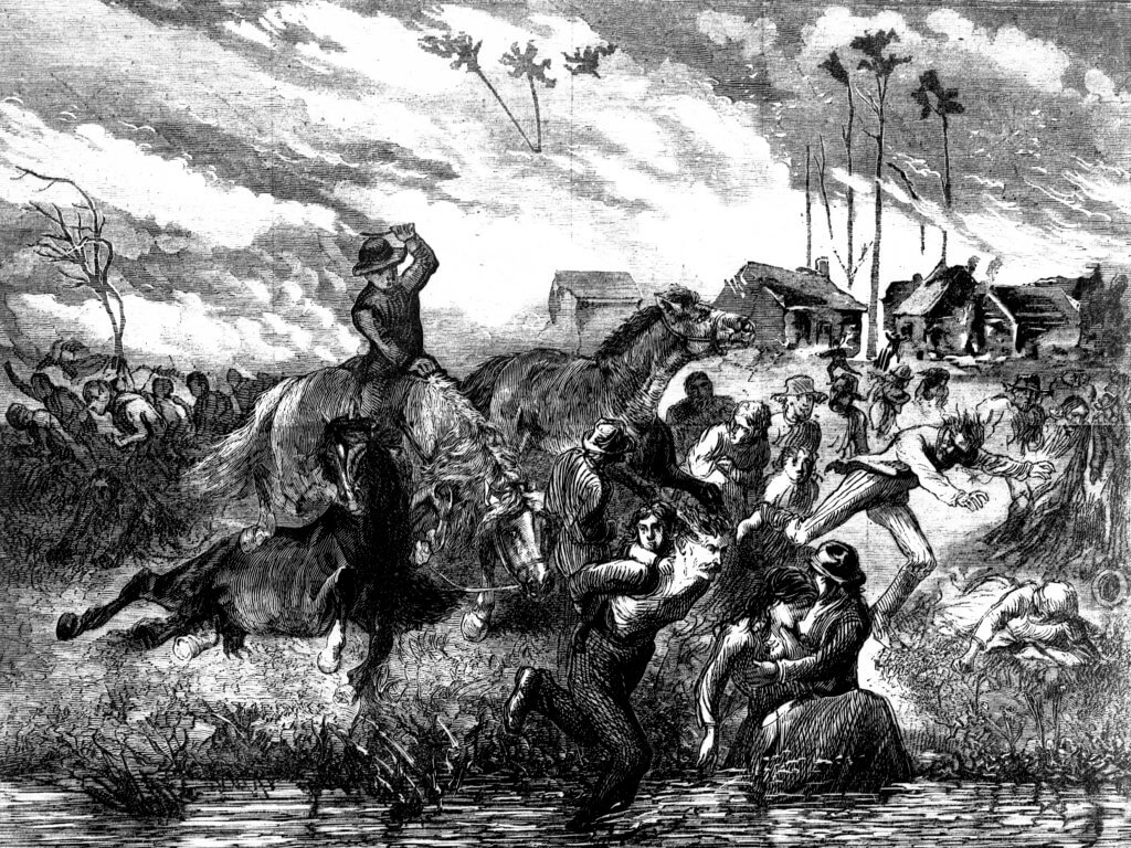 Illustration of The Peshtigo Fire showing people seeking refuge in the Peshtigo River, 1871. From Harper's Weekly, 1871 Page 1037 | Public Domain
